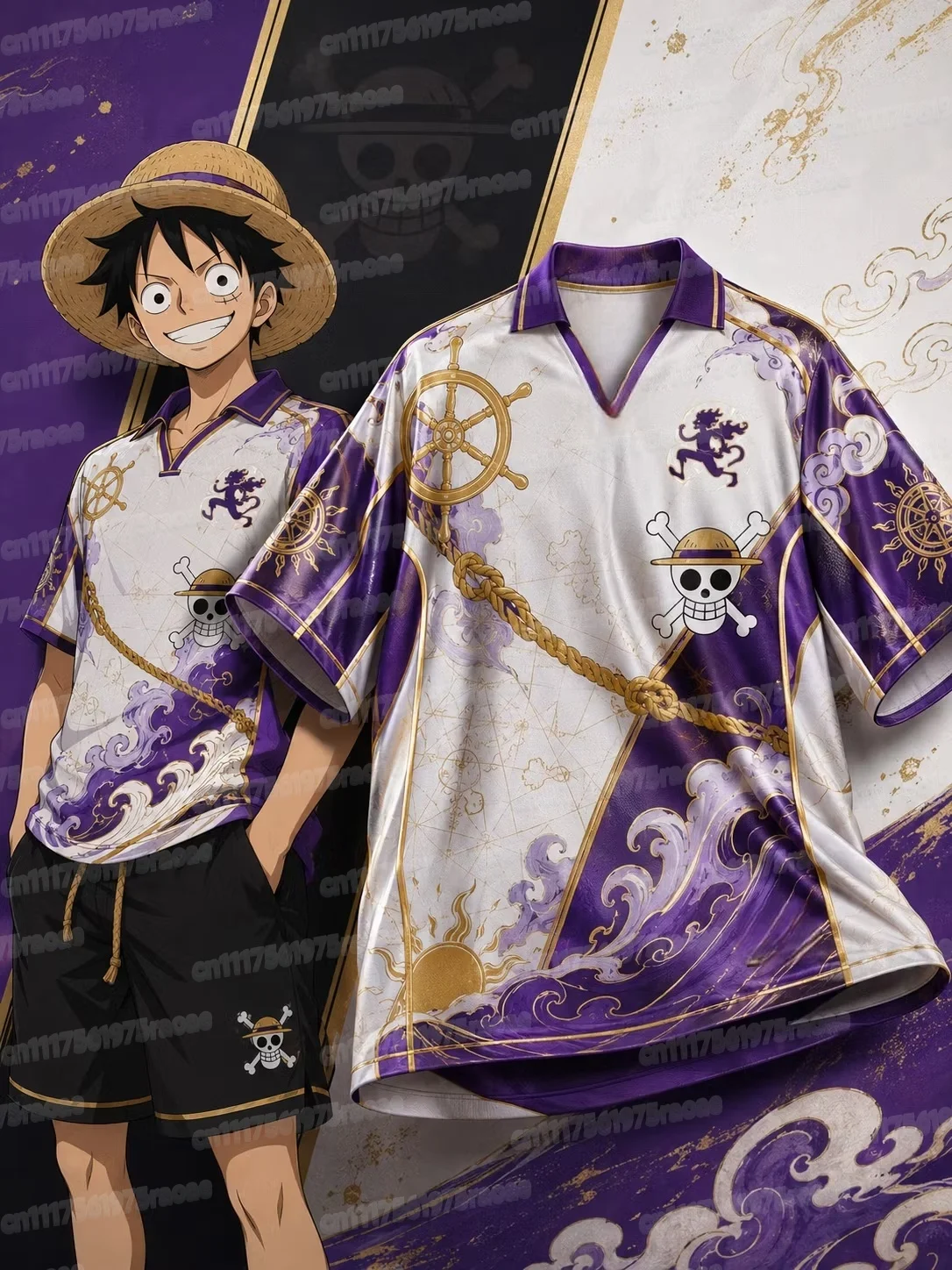 Sonderedition ONE PIECE Luffy Kurzarm-T-Shirt mit Kragen, Jersey, Herren-T-Shirt, Oversize, atmungsaktives Sweatshirt, Familien-Set – Detail 9