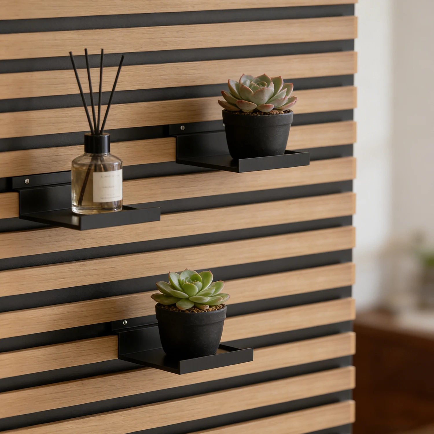 Acoustic Panel Floating Shelf, Slatted Wood Wall Mounted Shelf for Acoustic Panels, No Drill Display Shelf for Home Decor