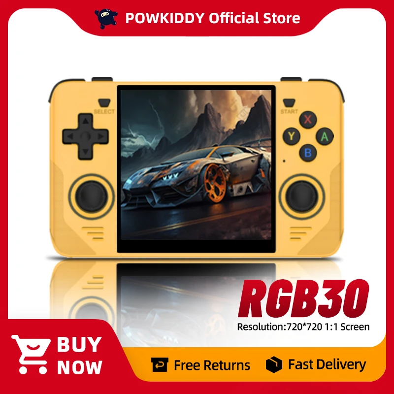 POWKIDDY RGB30 Yellow 720*720 4 Inch Ips Screen Built-in WIFI RK3566 Open-Source Retro Handheld Game Console Children's Gifts