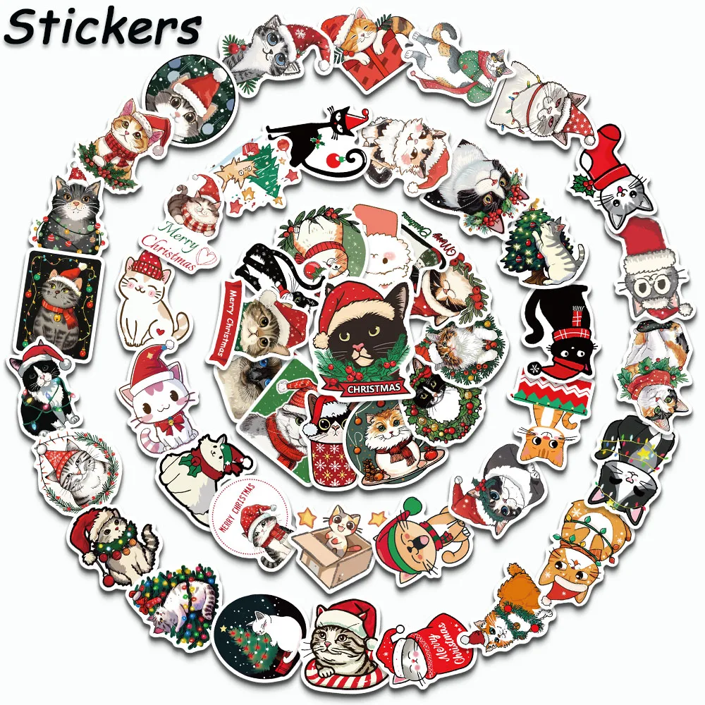 

50PCS Cute Christmas Kitty Stickers Cool Cartoon Animals Decals For Luggage Laptop Phone Fridge Kids Gift Stickers