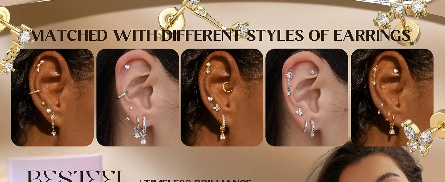 Drperfect 11 Paar flache Ohrringe für Damen, Ohrring-Set aus chirurgischem Stahl, Ohrstecker, Creolen, Knorpel- und Helix-Piercing-Schmuck, Geschenk – Detail 6