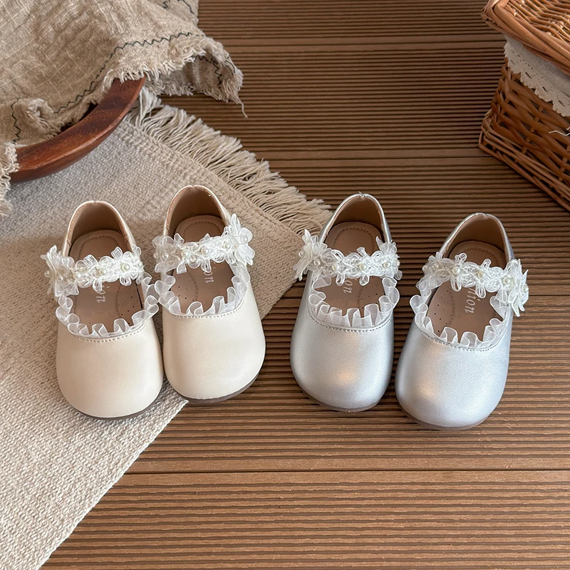 Autumn Girl's Princess Shoes Lace Flower Pearl Sweet Kid's Flat Shoe Solid Colors Anti-slip Daily Charming Chic Children Shoes