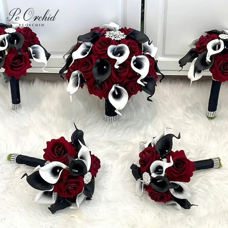 

PEORCHID Burgundy and Black Brooch Bouquet Wedding Artificial Real Touch Calla Lily Bridesmaids Flowers Bouquet Set Customize