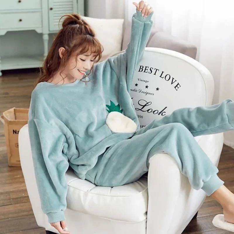 Winter Pajamas Round Neck Long Sleeve Cartoon Bear Warm Sleepwear for Winter Thickened Big Size Pajamas Coral Fleece Two-Piece