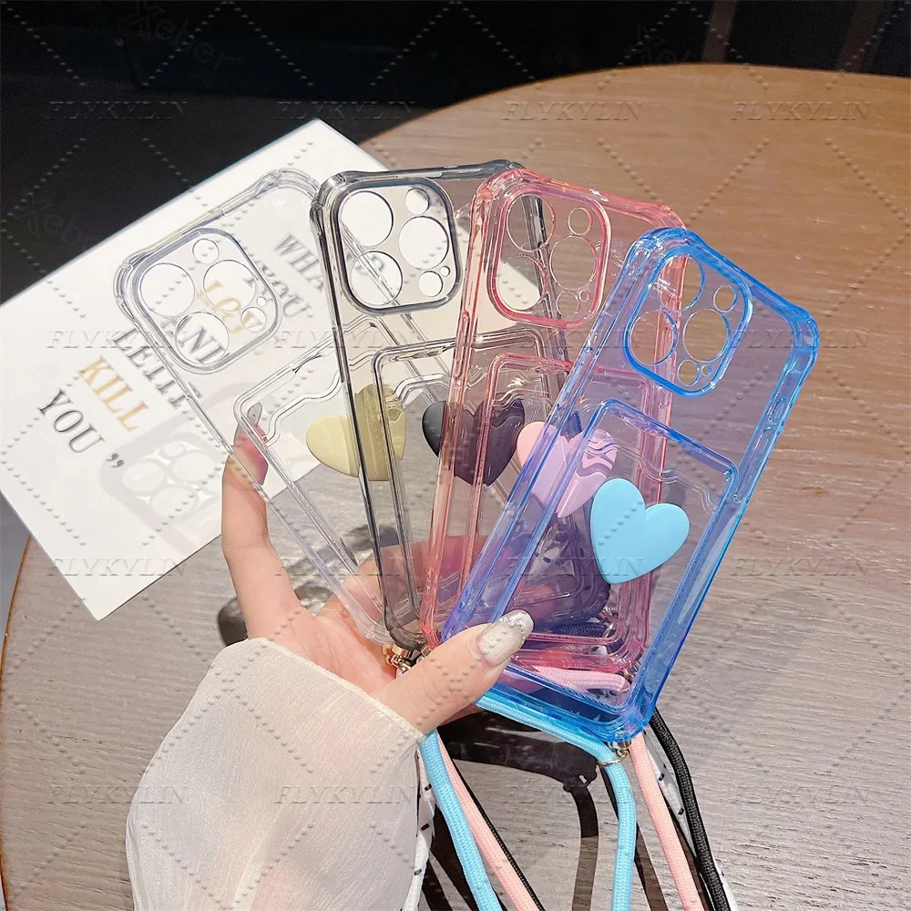 Crossbody Halskette Riemen Schnur Liebe Herz Kartenhalter Brieftasche Fall für Xiaomi Redmi 14C 13 13C 12C 10C 9A 9C A3 A1 A2 Klare Abdeckung