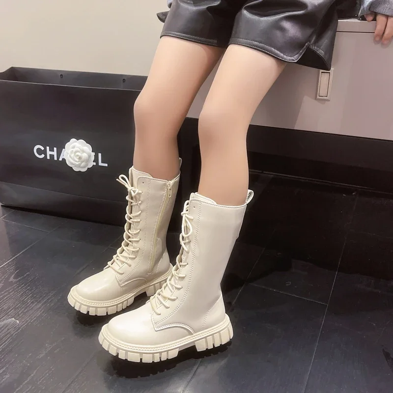 

Classic Girls High Long Boots Solid Color Children Fashion Causal Boots Versatile Non-slip Kids Leather Boots Simple Side Zipper