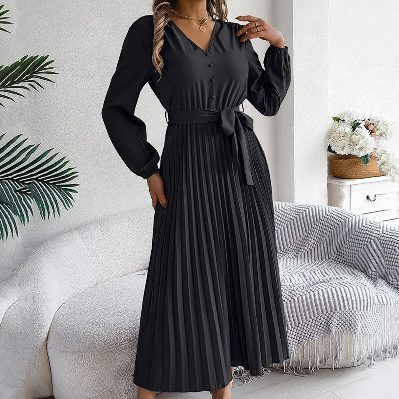 Women's Long Dresses Autumn Elegant Pleated Long Sleeveed Lace Up Dresses Beach Boho Wrap Ruffle Hem Big Swing Long Sundress