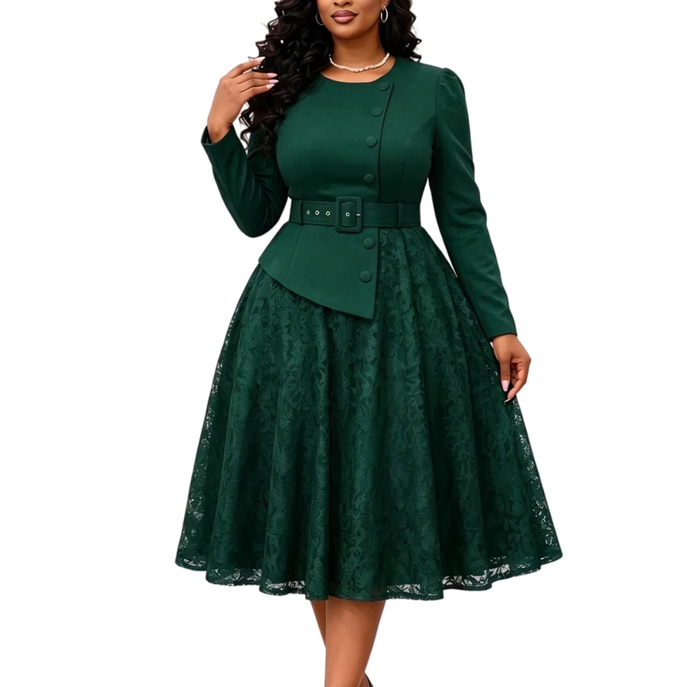 JENYAGE Damen Einfarbiges, schlichtes, langes Kleid mit Rundhalsausschnitt, Gürtel, Peplum-Spitzenrock, A-Linie, formelles Kleid für Hochzeitsgäste und Partys – Detail 11
