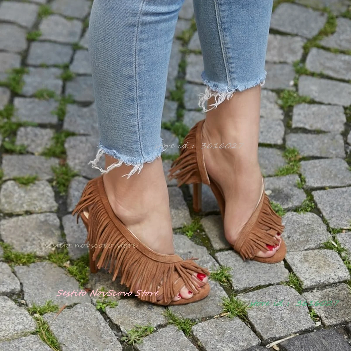 

Open Toe Tassel Sandals Strappy Stiletto High Heels Slip On Sandals Cutouts Summer Vintage Classic Single Shoes