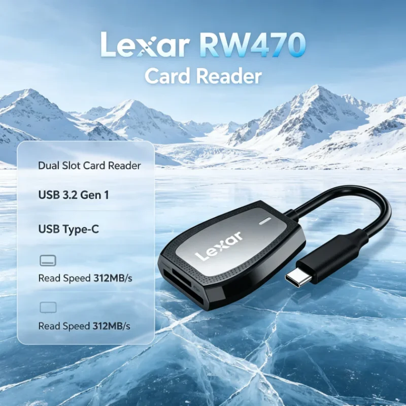 Lexar RW470 Card Reader Dual Slot 2-in-1 Type-C USB 3.2 Gen1 SD microSD UHS-II 312MB/s Read for Data Transfer
