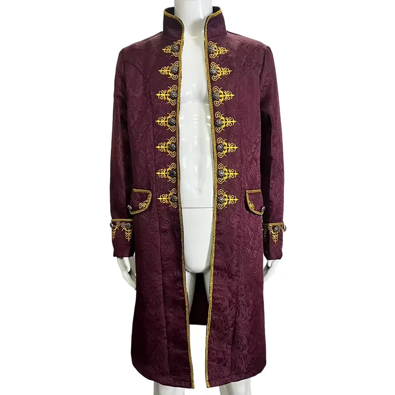 Longo jacquard masculino punk bordado casaco medieval retro vinho vermelho jaqueta renascentista príncipe blusão rpg traje