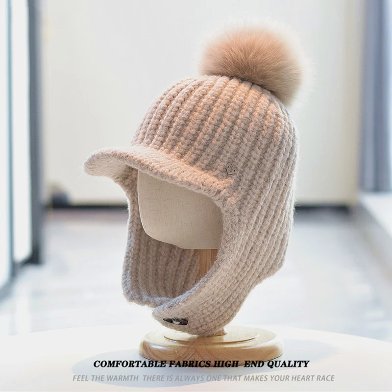 Topi Earflap Cap Visor Wanita Musim Dingin Rajutan Bulu Rubah Asli Pompom Aksesori Hangat Untuk Cuaca Dingin Musim Gugur Olahraga Ski Luar Ruangan
