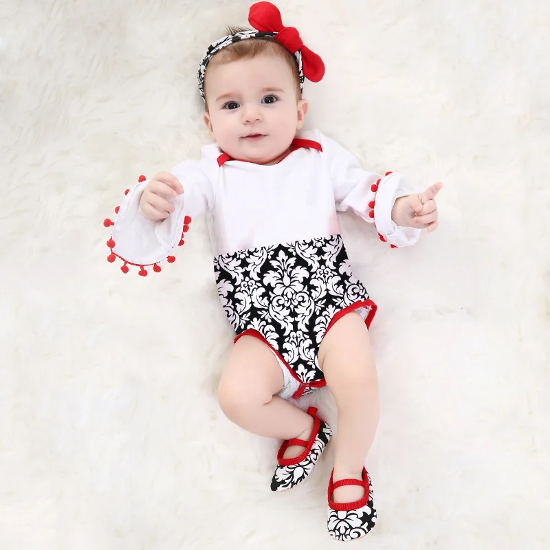 

Spring and Autumn Damascus Baby Romper Long Sleeve Baby Clothes Tassel Flared Jumpsuit Walking Shoes Set