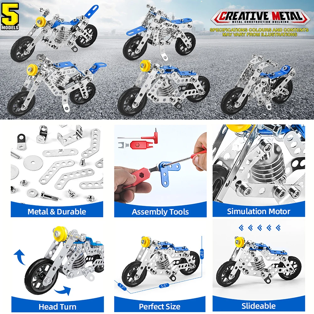 5PCS 3D Metal Building Blocks Motorcycle High-speed Racing Set Simulation Screw and Nut Assembly Car Model  Kids Toys Gifts