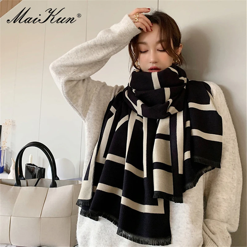 Maikun's New Winter Faux Cashmere Lettering Jacquard Scarf Women's Thick All-Match Neck Double-Sided Fashion Fringed Warm Shawl