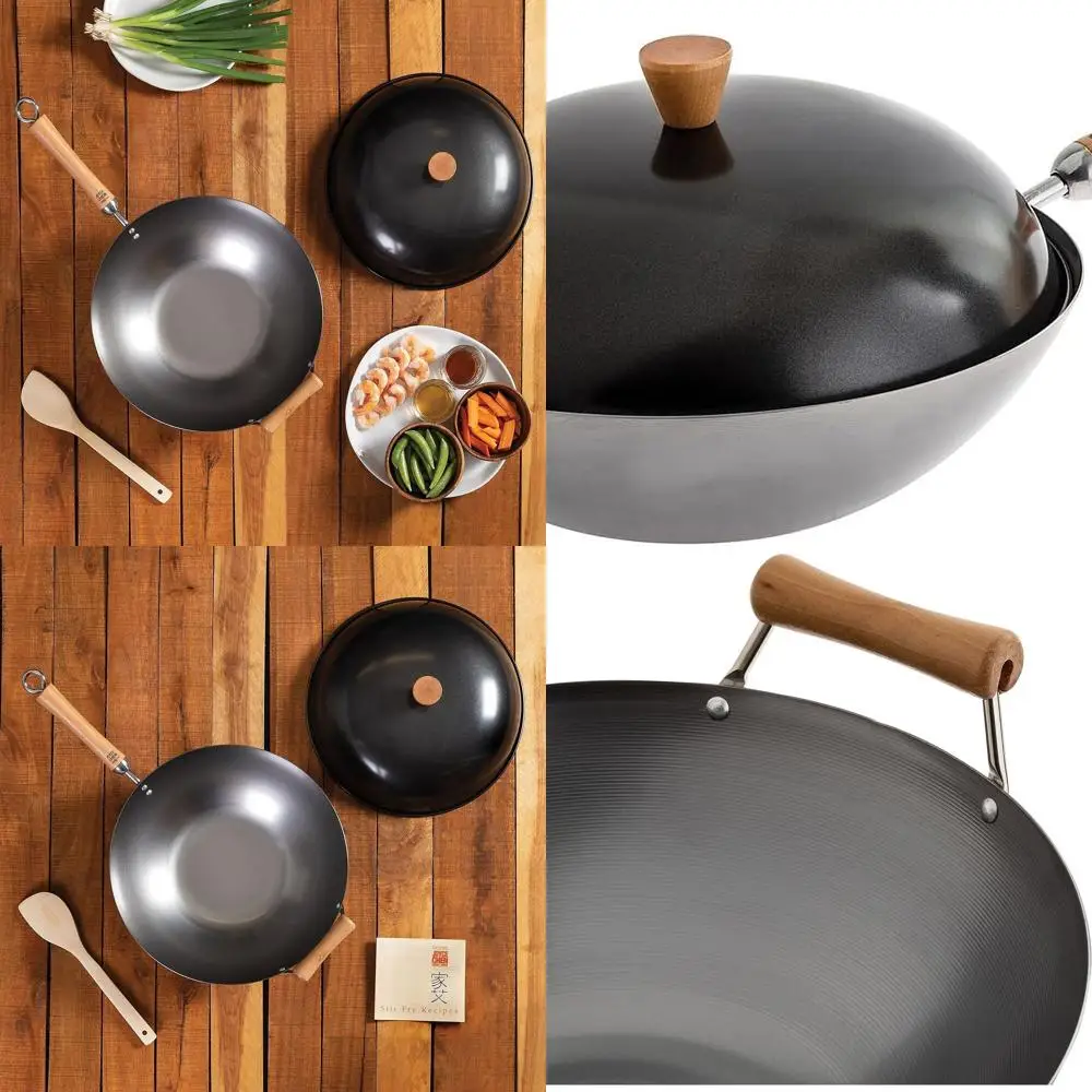 

14-Inch Carbon Steel Wok Set, Uncoated, with Lid and Birch Handles, 4-Piece Classic Series