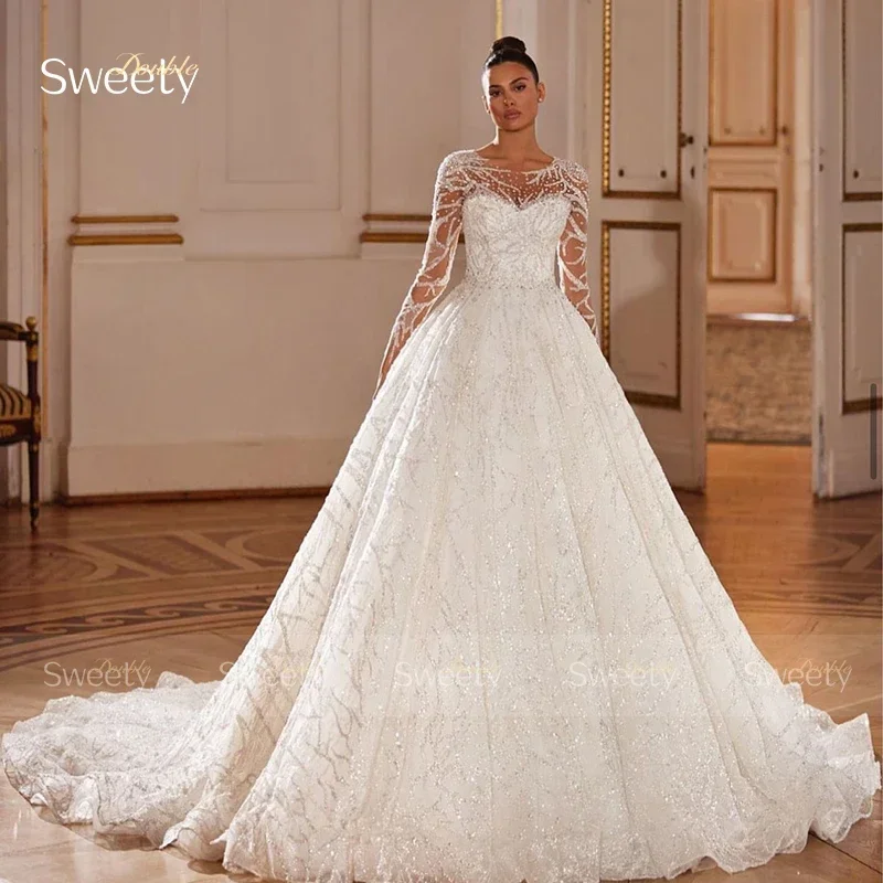 Glitzerndes Hochzeitskleid mit Perlenstickerei und Pailletten, Spitze, Ballkleid, O-Ausschnitt, volle Ärmel, individuelles Brautkleid, Vestido De Novia, Knopfleiste hinten