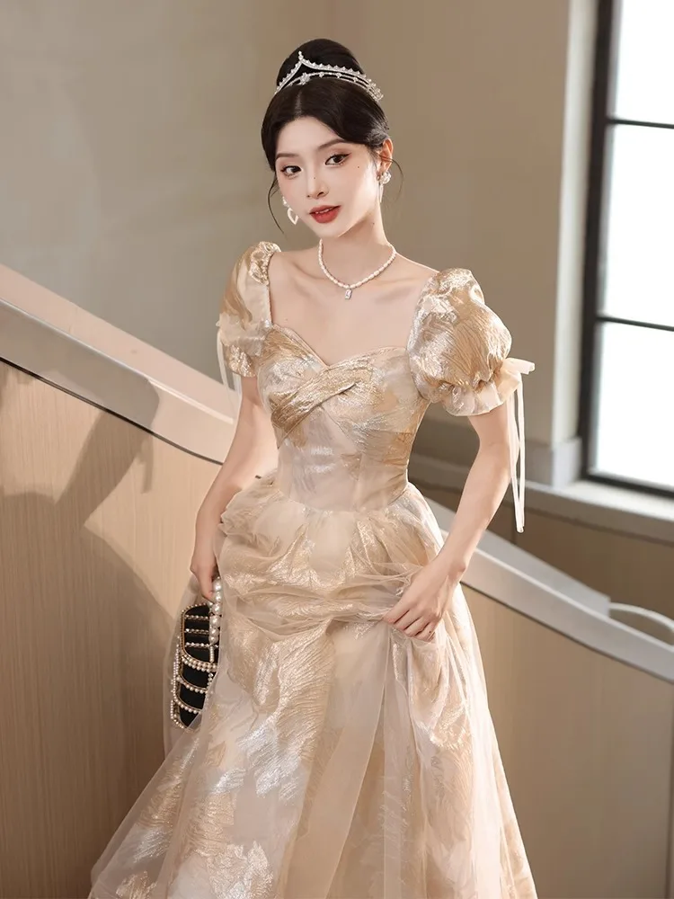 

Champagne Gold Women Banquet Gown Classic Back Lace Up A-Line Evening Dress Sweetheart Collar Lady Annual Party Dresses