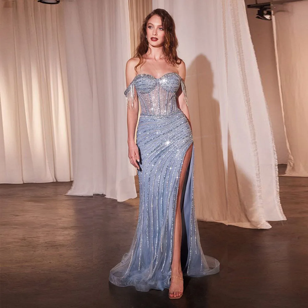 

Exquisite Blue Evening dresses Off the shoulder Backless A-Line Fashion High quality Prom party celebrity Wedding gowns