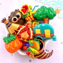 9Pcs Resin Colorful Car Turkeys Owl Grass House Pumpkin Fruit Drink Figurine Flatback Stone Decor DIY Halloween Scrapbook Crafts