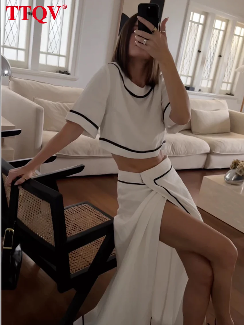 

TTQV Summer Loose White Cotton Skirts Set 2 Piece Woman 2025 Fashion Short Sleeve Shirt With High Waist Long Skirt Set Female