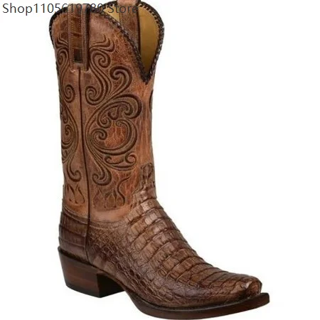 Men Square Toe Embroidered Knight Boots European Chelsea Style Low Heel Leather Shoes Ideal For Holiday Cosplay Carnival Wear