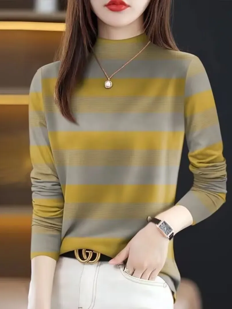 Fashionable Long Sleeve Printed T-Shirt Women's Casual Style High Neck Top Trendy Spring 2026 Garment from China for Ladies