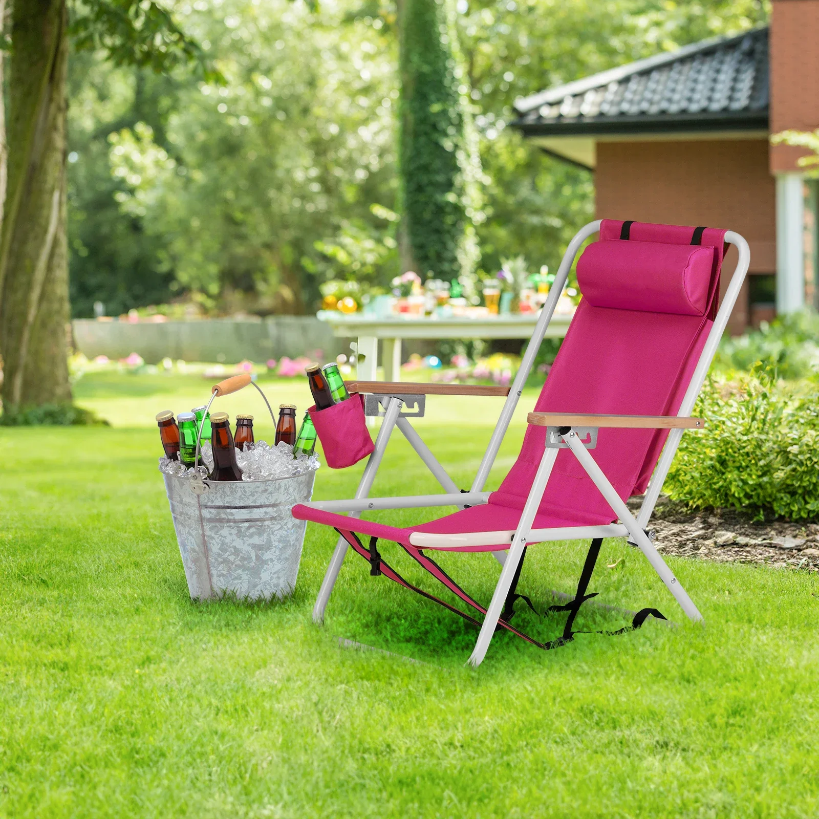 

Folding Beach Chair, 4 Position Portable Backpack Foldable Camping Chair with Headrest Cup Holder and Wooden Armrests, Pink