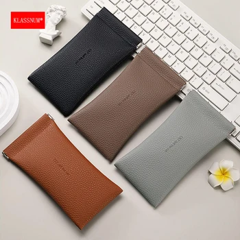 KLASSNUM Glasses Case Women's PU Leather Glasses Storage Bag Automatic Closed Cover Soft Eyewear Pouch Data Cable Organiser 2024