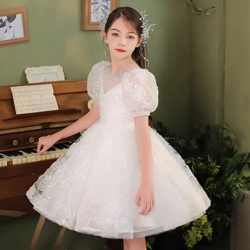 Jill Wish Splendido abito bianco per neonate con maniche a sbuffo in pizzo ricamato principessa per bambini matrimonio festa di compleanno abito da ballo J718