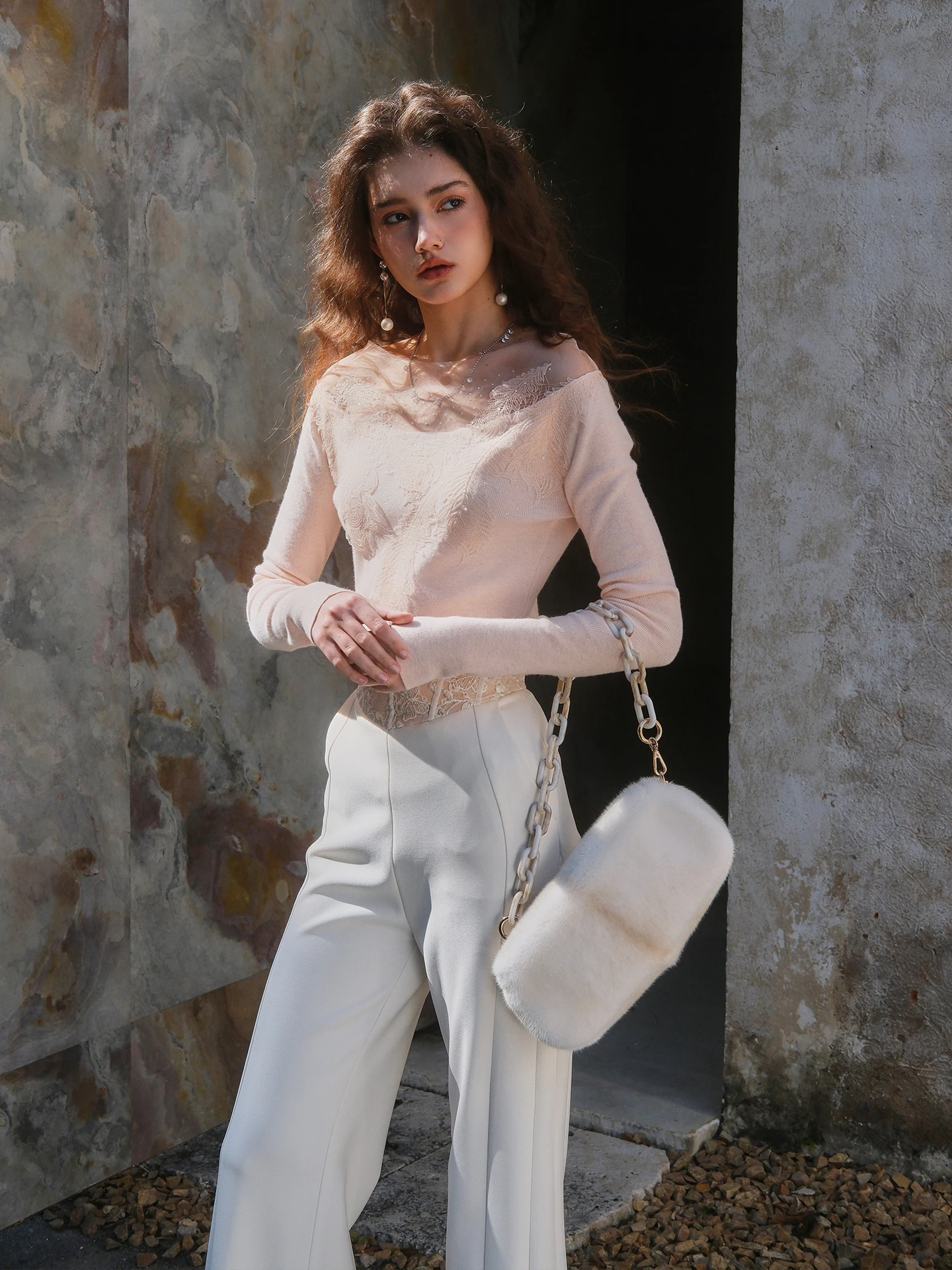 

Soft Lace Knitted Top Gentle Pure Desire Basic Layering French Sle Slim Fit Long Sve round Ne Regular Length Nylon