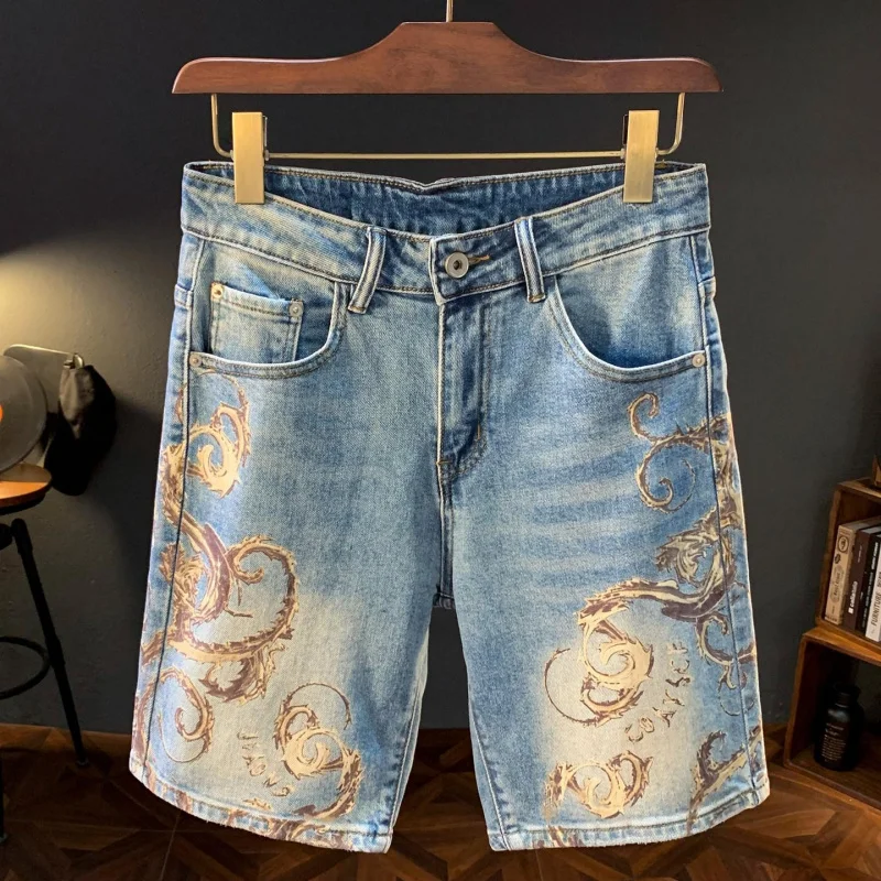 

Men's 2026 Summer New Fashion Patterned Denim Pants Loose Stretch Straight Streetwear Versatile Casual Daily 5 Inch Shorts
