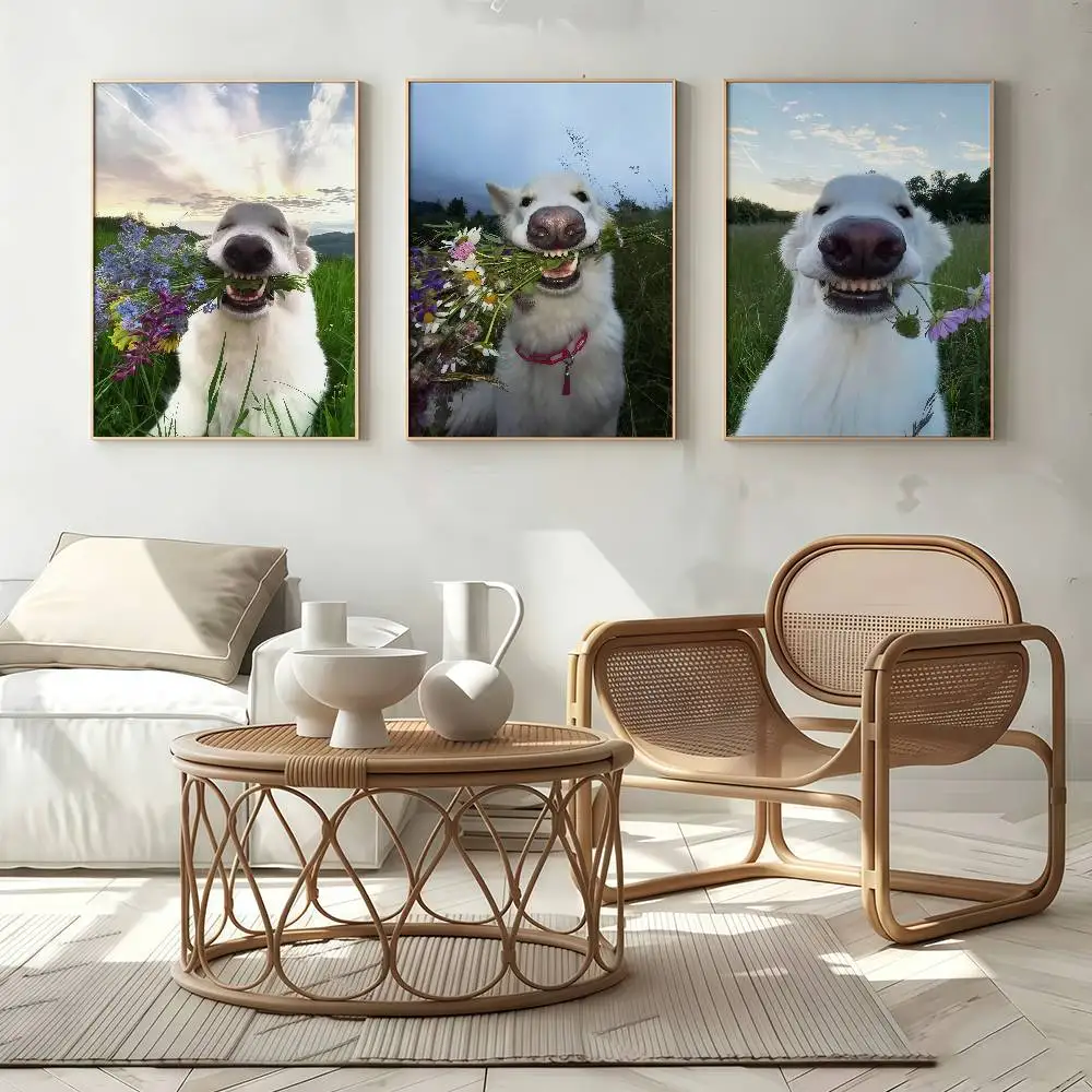 In Its Mouth Against Beautiful Landscape Cute Dog Grinning Flower Poster For Modern Decor In HomeLiving Rooms Kitchens Bathrooms