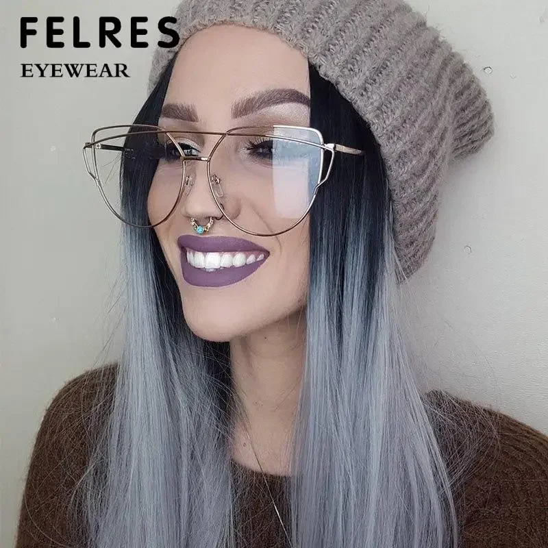 Fashion New Metal Cat Eye Frame Myopia Eyeglasses Women Clear Lens Personality Female Anti Blue Light Prescription Glasses