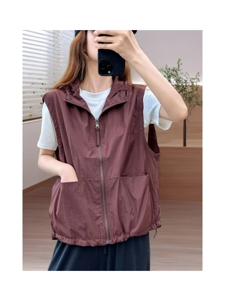 Slimming Hooded Vest Jacket Women's Casual Lightweight Sleeveless Spring Summer New Style Loose Fit Polyester Fiber U-Neck Zi...