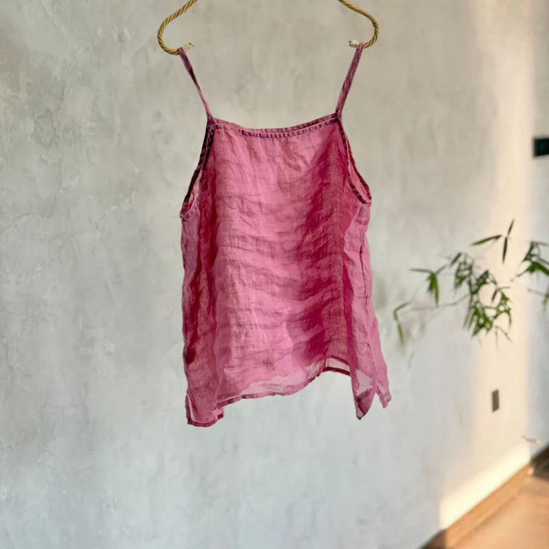100% Ramie Women's Camisole Tank Top 2026 New Summer Causal Round Neck Sleeveless Loose Top Chic Candy Color Ladies Short Tops