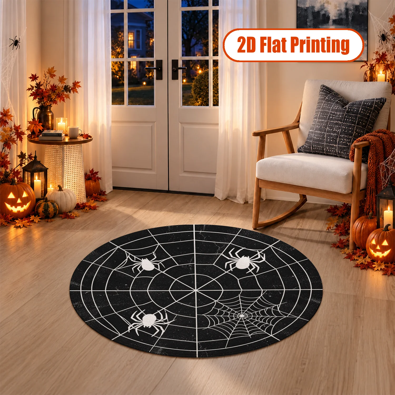 Spider Web Spider Print Round Velvet Decorative Floor Mat, Machine Washable Soft Rug for Living Room, Bedroom, Entryway, Ideal for Halloween, Thanksgiving, Christmas, New Year, Black Friday, Cyber Monday Themed Holiday Decor