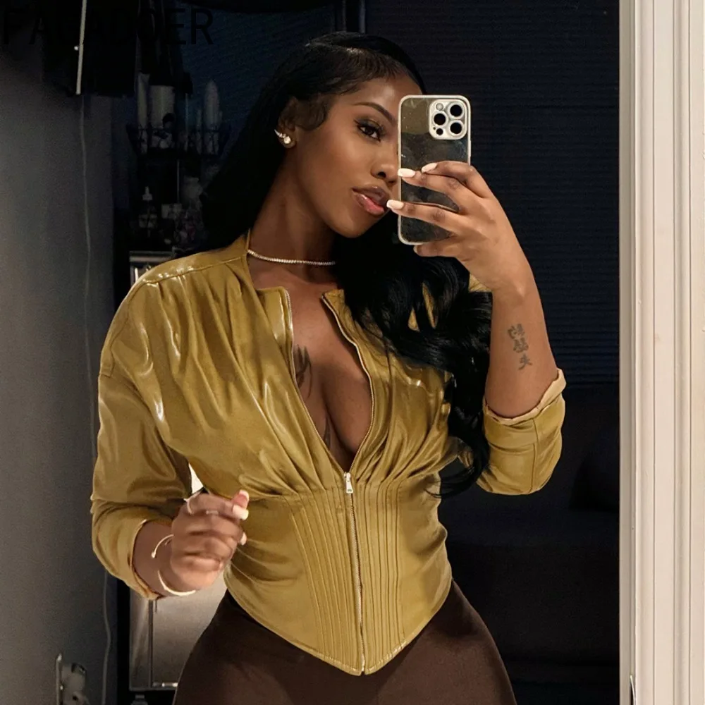 FAGADOER Fashion 2 Pieces Set for Woman Solid Color Leather Patchwork Long Sleeves Crop Top + Pants Matching Female Streetwear - Image 2
