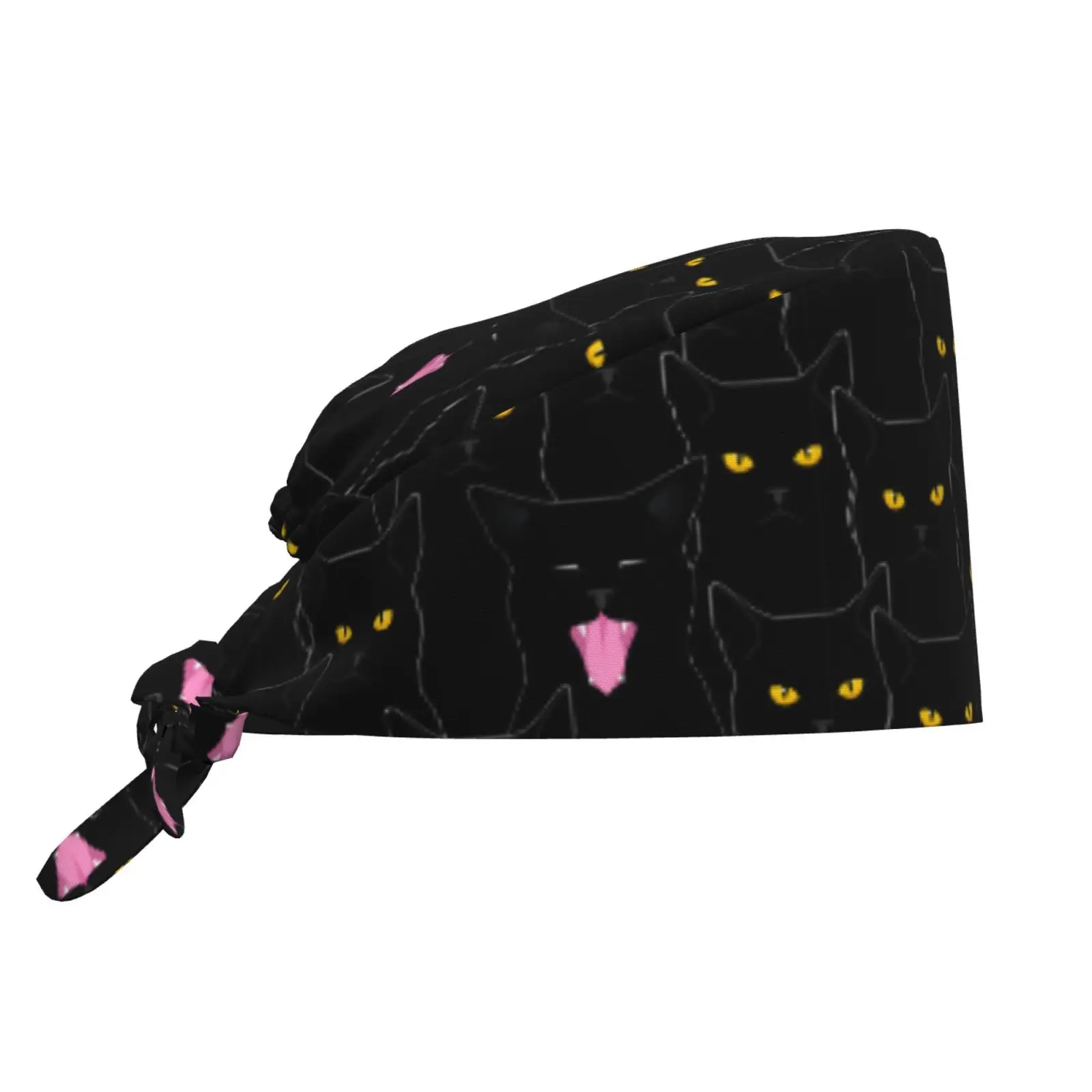 Fun Black Cat Print Pattern Unisex Adjustable Sweatband Cap Elastic Bandage Cap Nurse Work Cap for Cleaning Work