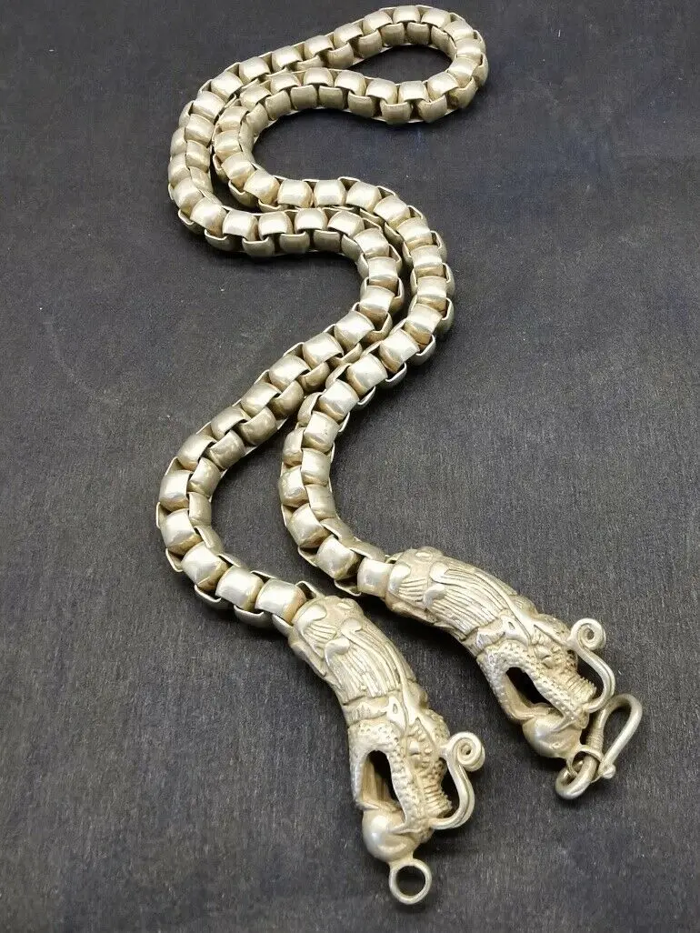 

China old Tibet silver carving chain double dragon necklace