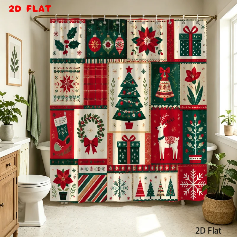 1pc Vintage Christmas Shower Curtain Suitable for Bath Tub Enclosure - Quilted Winter Theme with Snowflakes, Deer, Bells, Raspberry Wreath Pattern, Hooks Included, Machine Washable Bathroom Decor for Holiday Gifts