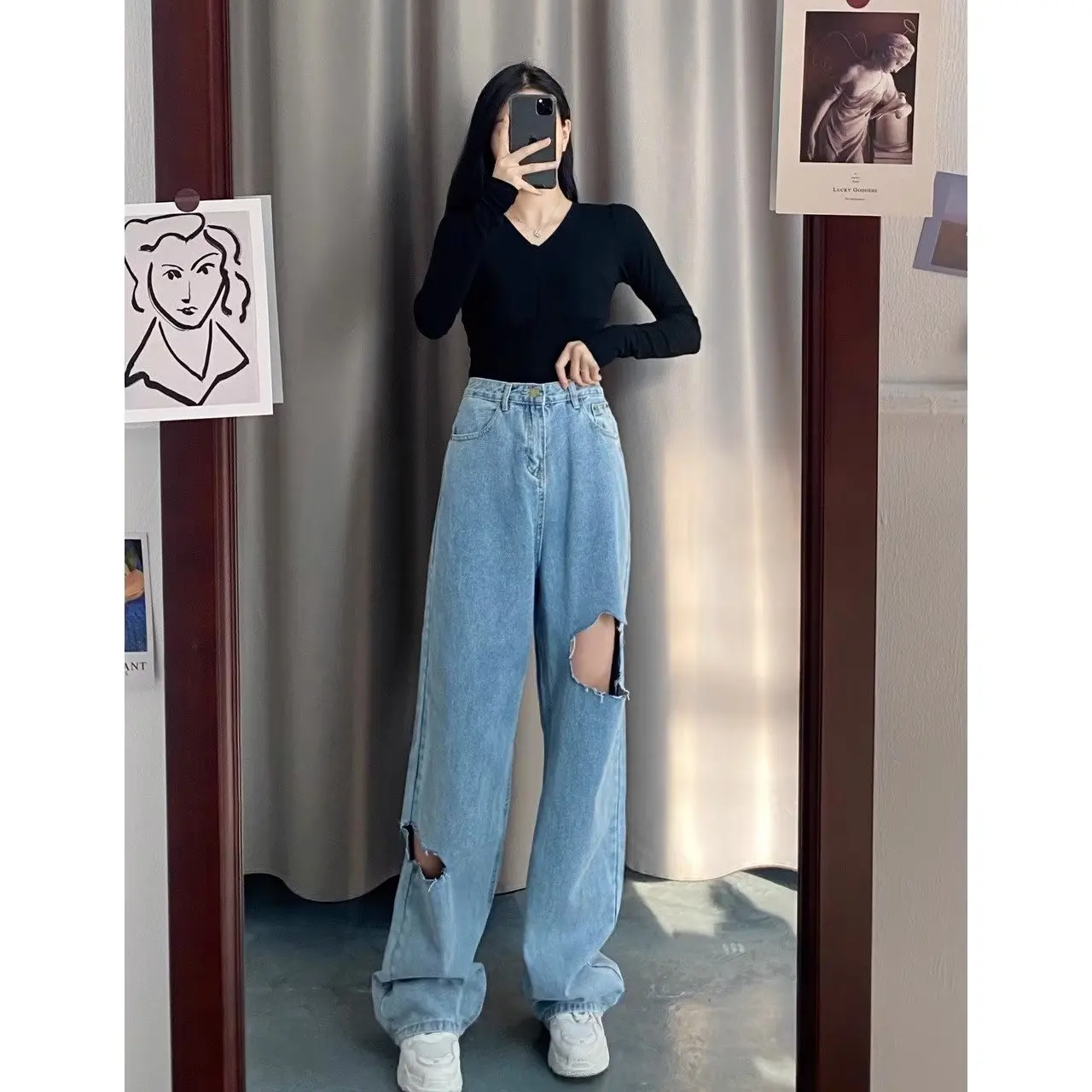 

High Waist Straight Wide Leg Denim Pants Straight Leg Dragging Design Unique Straight-leg Pants Trendy Vandalism Design Floor Mo