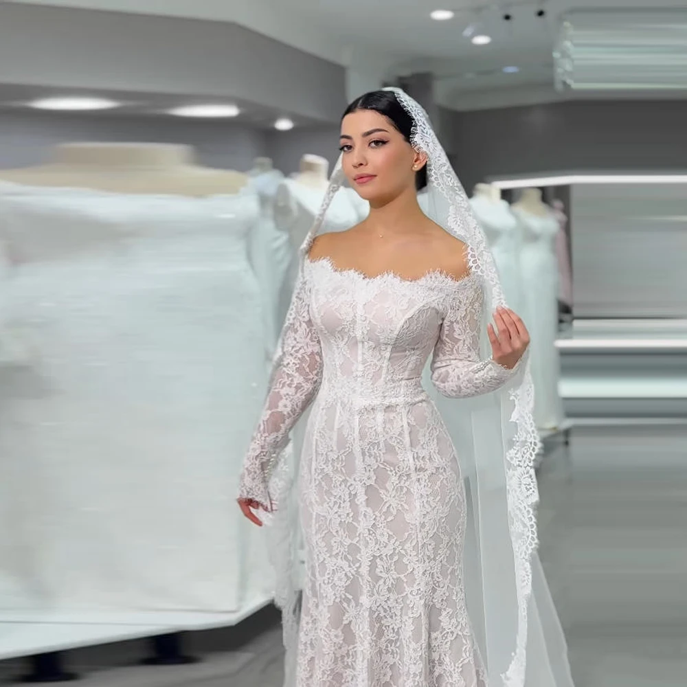 Off Schulter Frauen Brautkleider Elegante Lange Ärmeln Meerjungfrau Spitze Braut Kleid Engagement Bankett Vestidos De Novia Angepasst