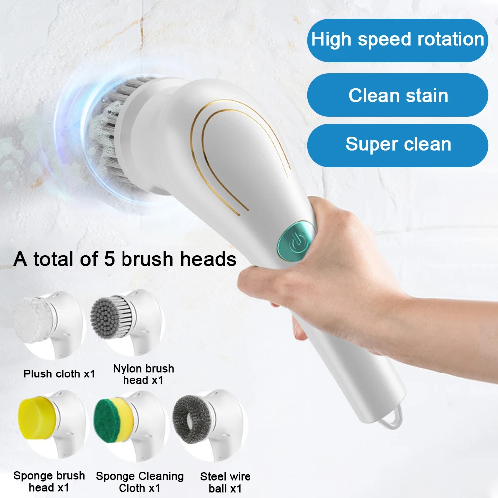 Handheld Eectric Cleaning Brush Cordless Spin Scrubbe With 5 Replaceable Brush Heads USB Rechargeable 360°Power Scrubbe