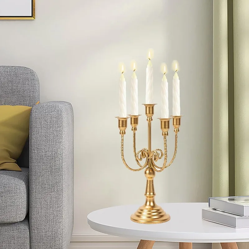 European Vintage Branch Wrought Iron Candelabra, Golden Candle Cup for Wedding & Living Room Entryway Decor