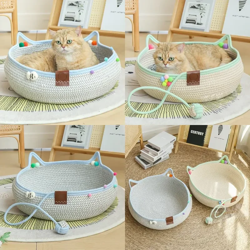 Cute Hand Woven Rattan Cat Bed Cave Style Durable Scratch Resistant Washable Summer Round Indoor Pet House