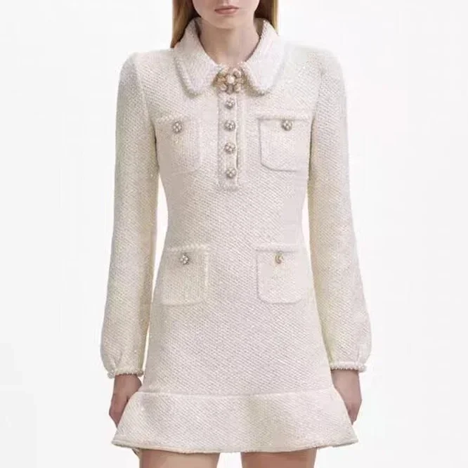 

new Women Pearl diamond tweed dress long sleeve slim fashion temperament mini dress white dress
