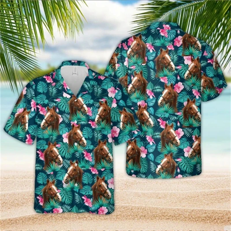 Camisas de playa con estampado 3D de vaca Animal divertido para hombres, blusas de manga corta con solapa de oso, Tops con botones hawaianos, ropa corta