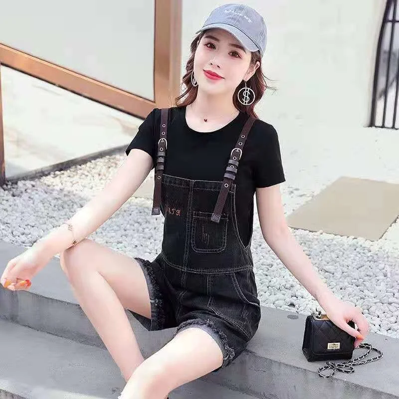 Women's Suit 2023 New Summer Thin Shirts Loose Fashion Crop Top Wide Leg Denim Strap Shorts 2 Two Piece Set For Women Clothing