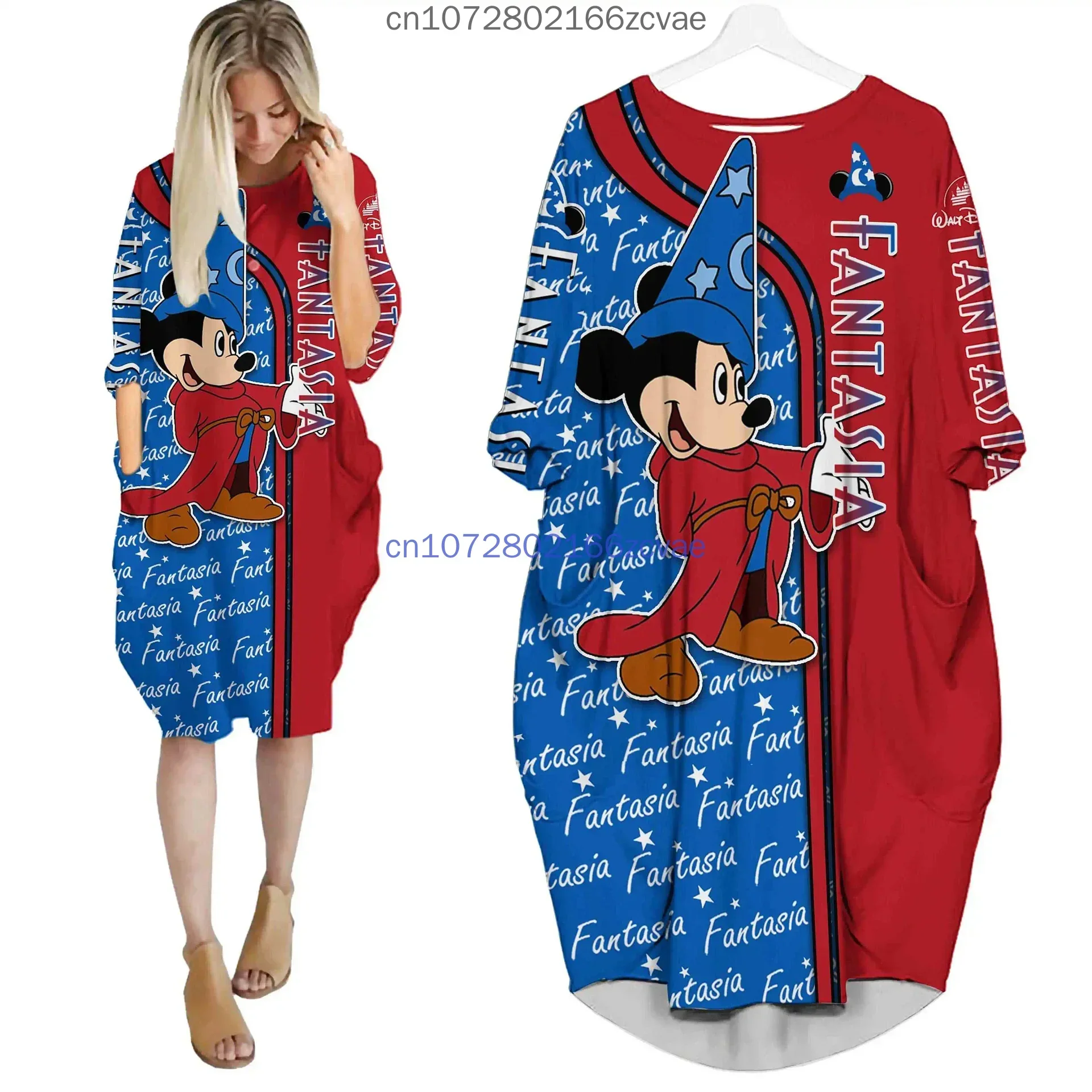 2024 New Disney Mickey Mouse Batwing Pocket Dress 3D Printed Batwing Pocket Dress Women's Pullover Oversized Female Dresses